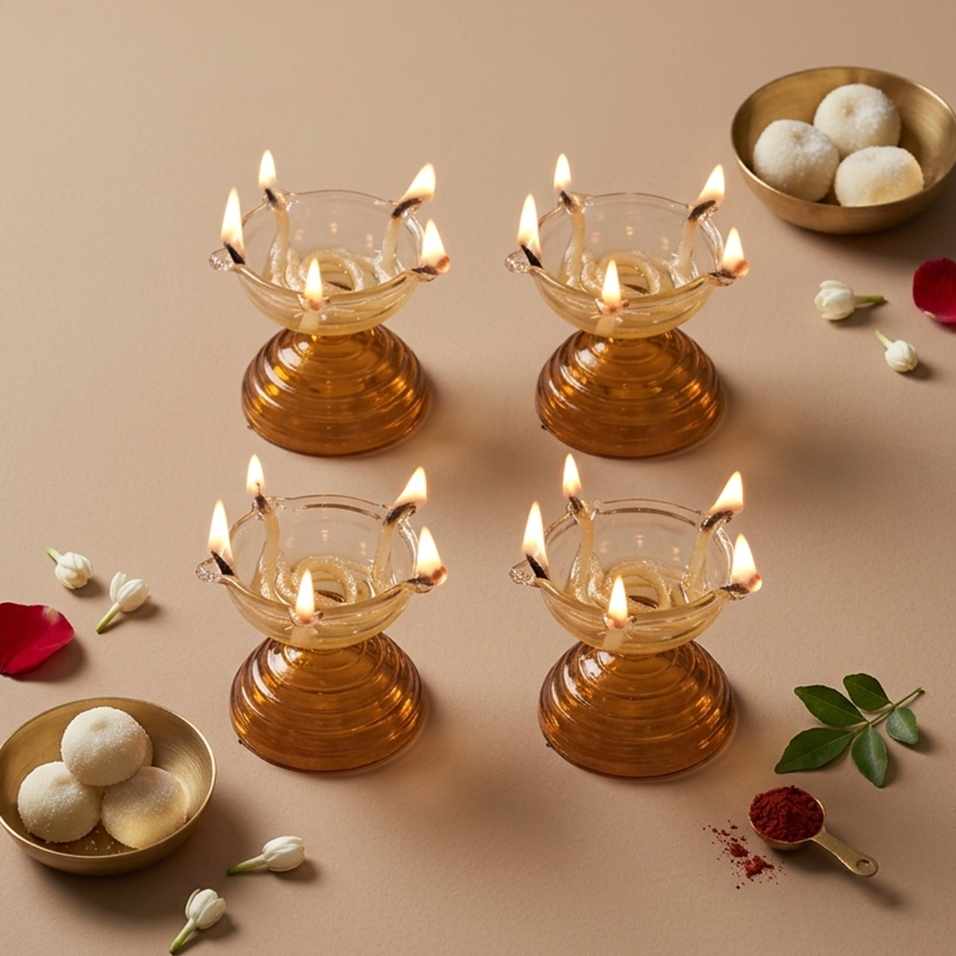 Amber Glass Panchmukhi Diya Set of 4
