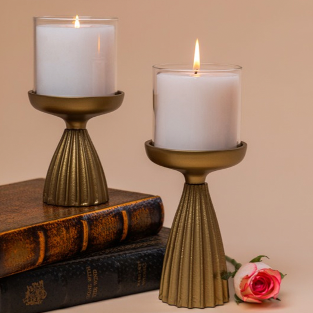 Vintage Glow Pillar Candle Stand Set – Set of 2