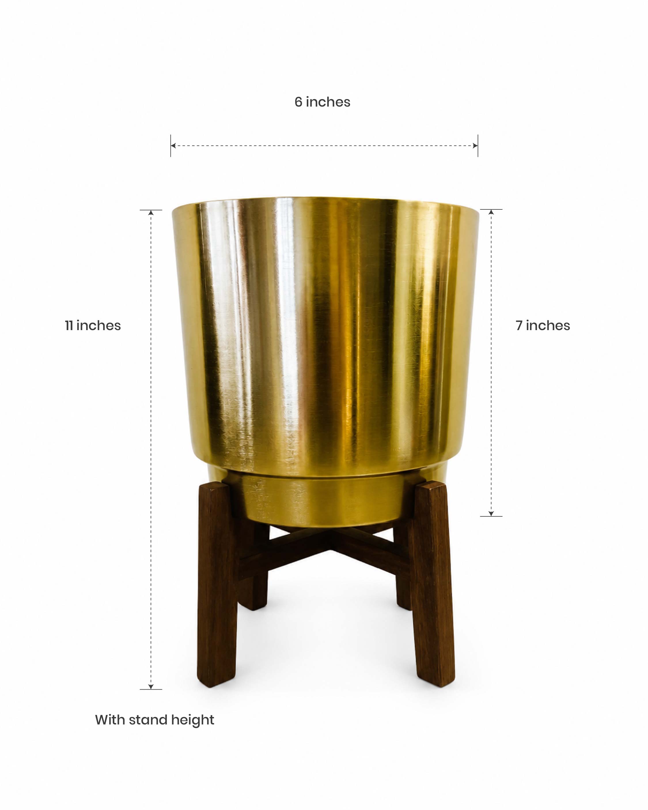 Gold metallic planter with wooden stand and dimensions on a white background