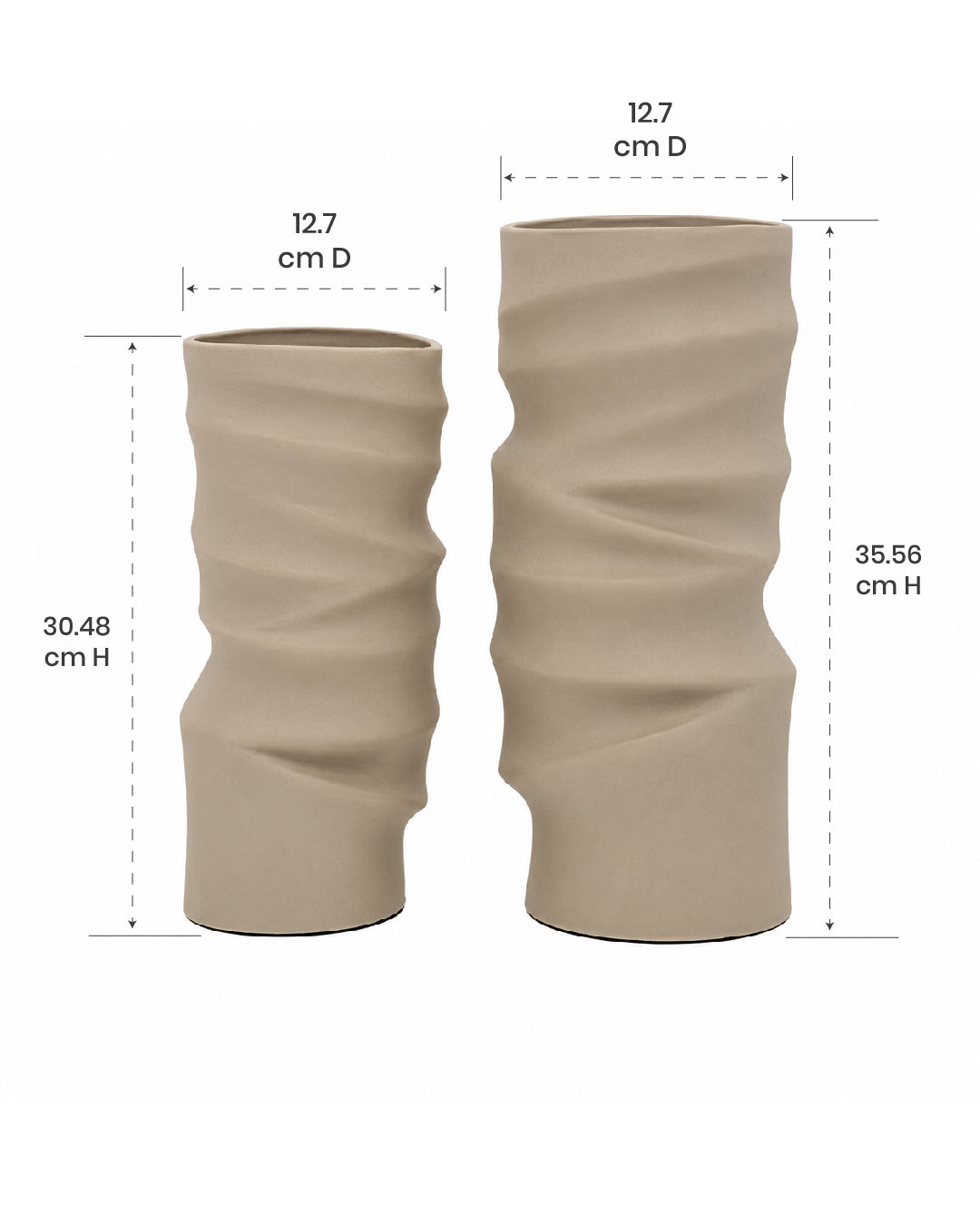 Two beige textured vases with dimensions labeled on a white background