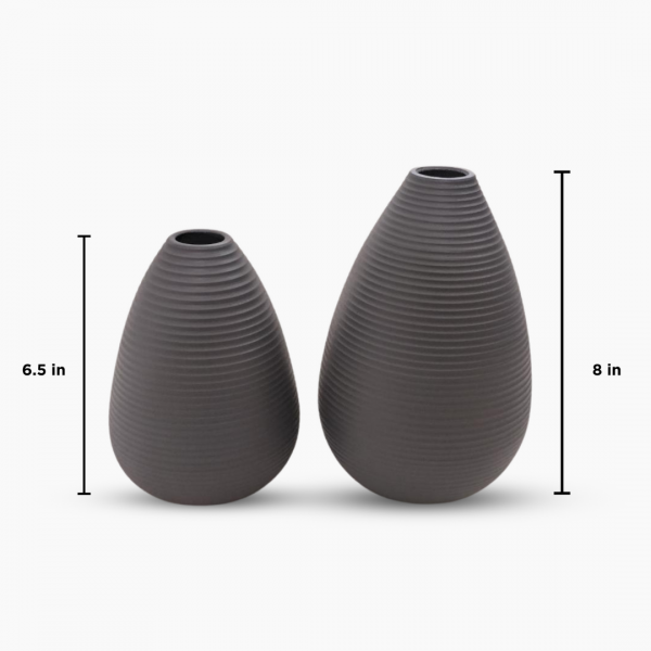 Two gray textured vases with measurements on a white background