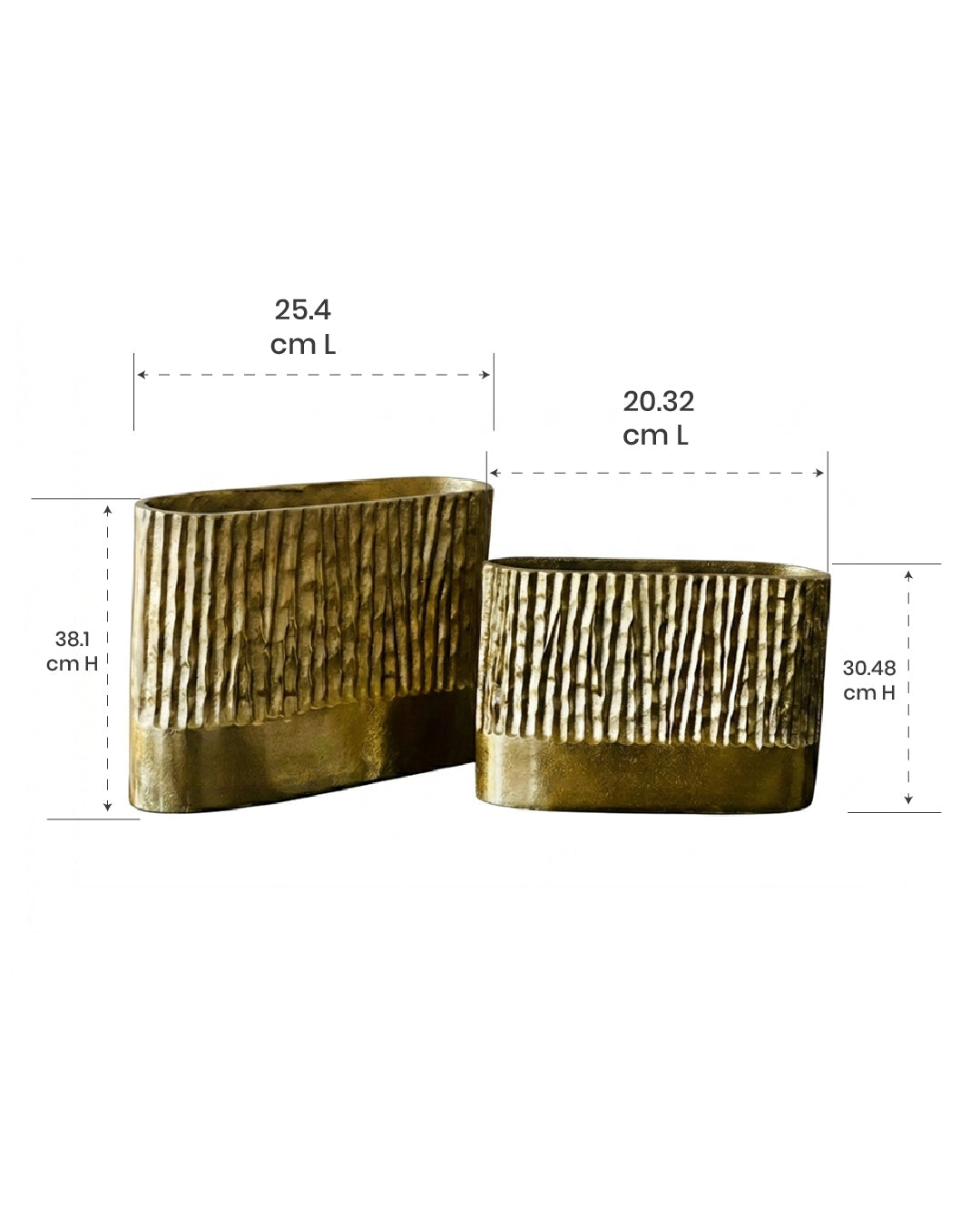 gold vases with dimensions labeled on a white background