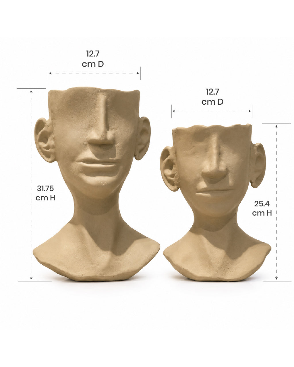 Two beige aluminium busts with dimensions labeled on a white background