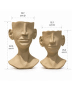 Two beige aluminium busts with dimensions labeled on a white background