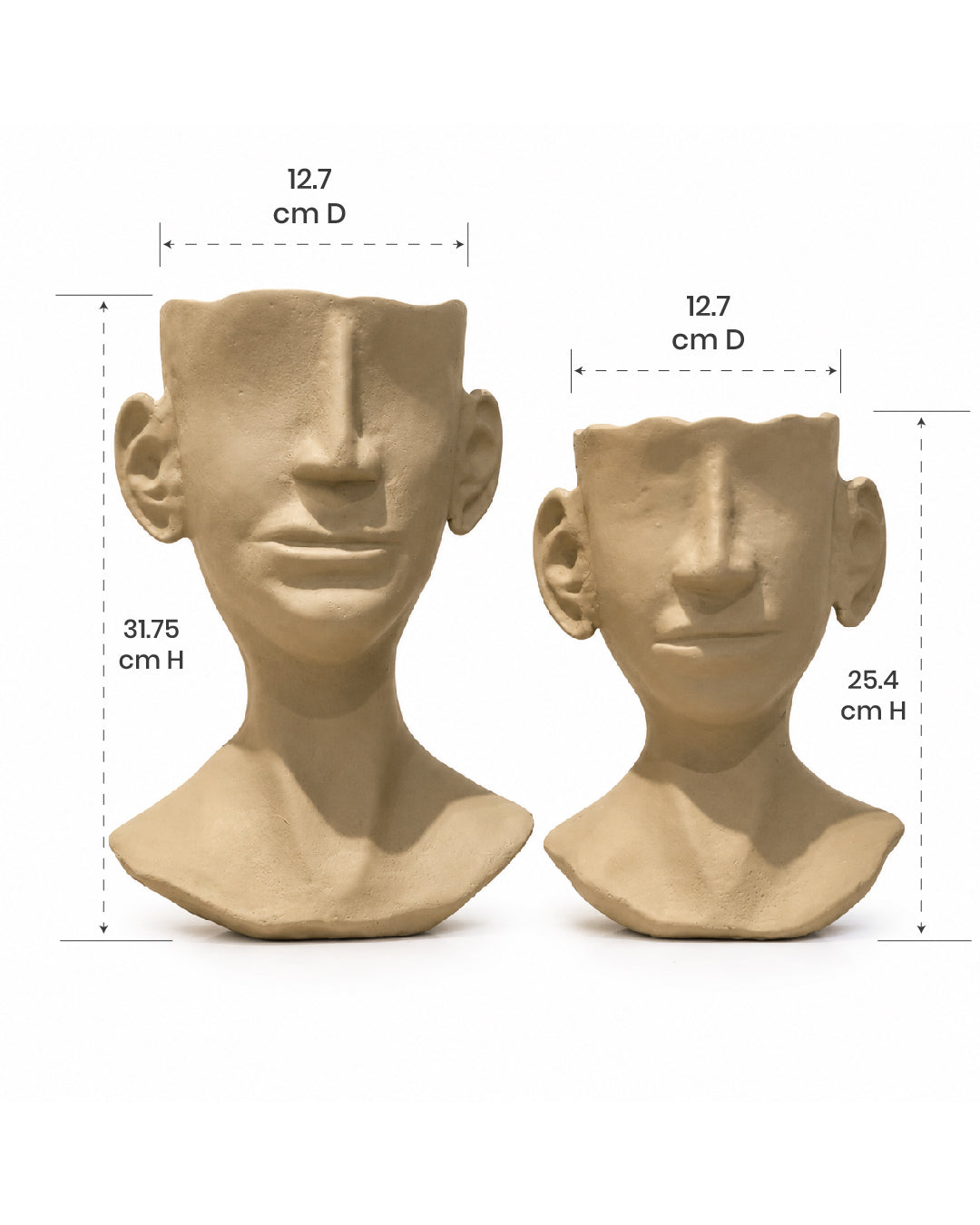 Two beige aluminium busts with dimensions labeled on a white background