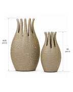 Two textured vases with dimensions indicated on a white background