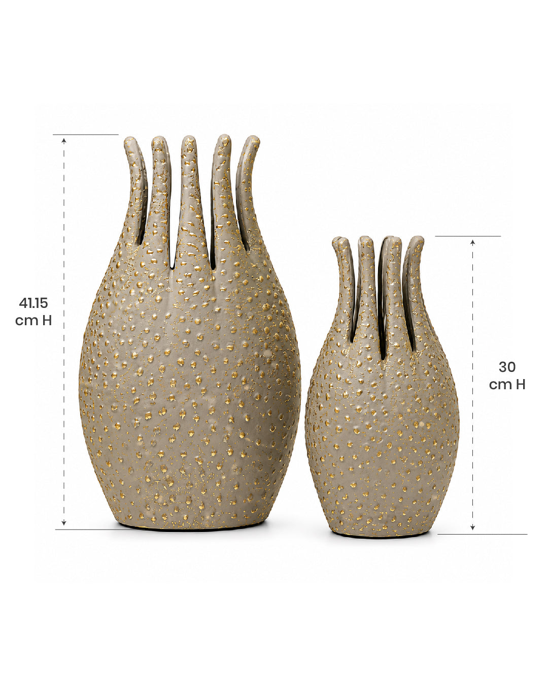 Two textured vases with dimensions indicated on a white background
