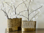 gold textured vases with white floral branches on a neutral background