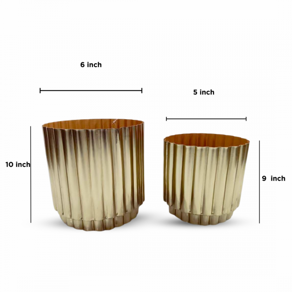 Two metallic planters with dimensions indicated on a white background