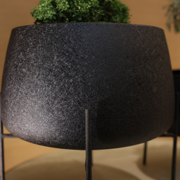 Dark textured planter with a plant on a neutral background