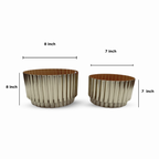 Two metallic planters with dimensions labeled on a white background