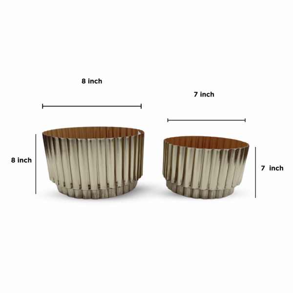 Two metallic planters with dimensions labeled on a white background