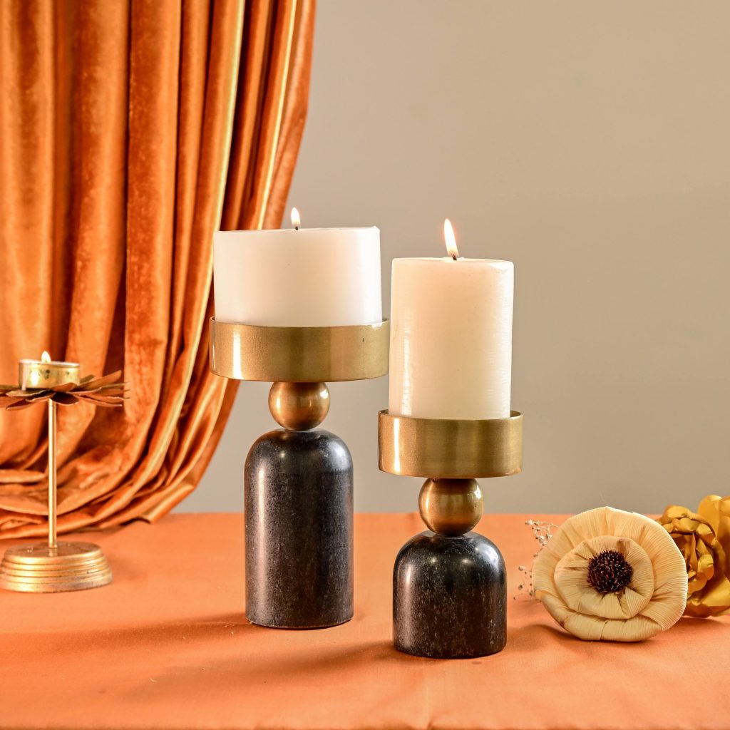 Set of two modern dark grey metal candle stands with etched champagne glass chimneys for living room, home decor