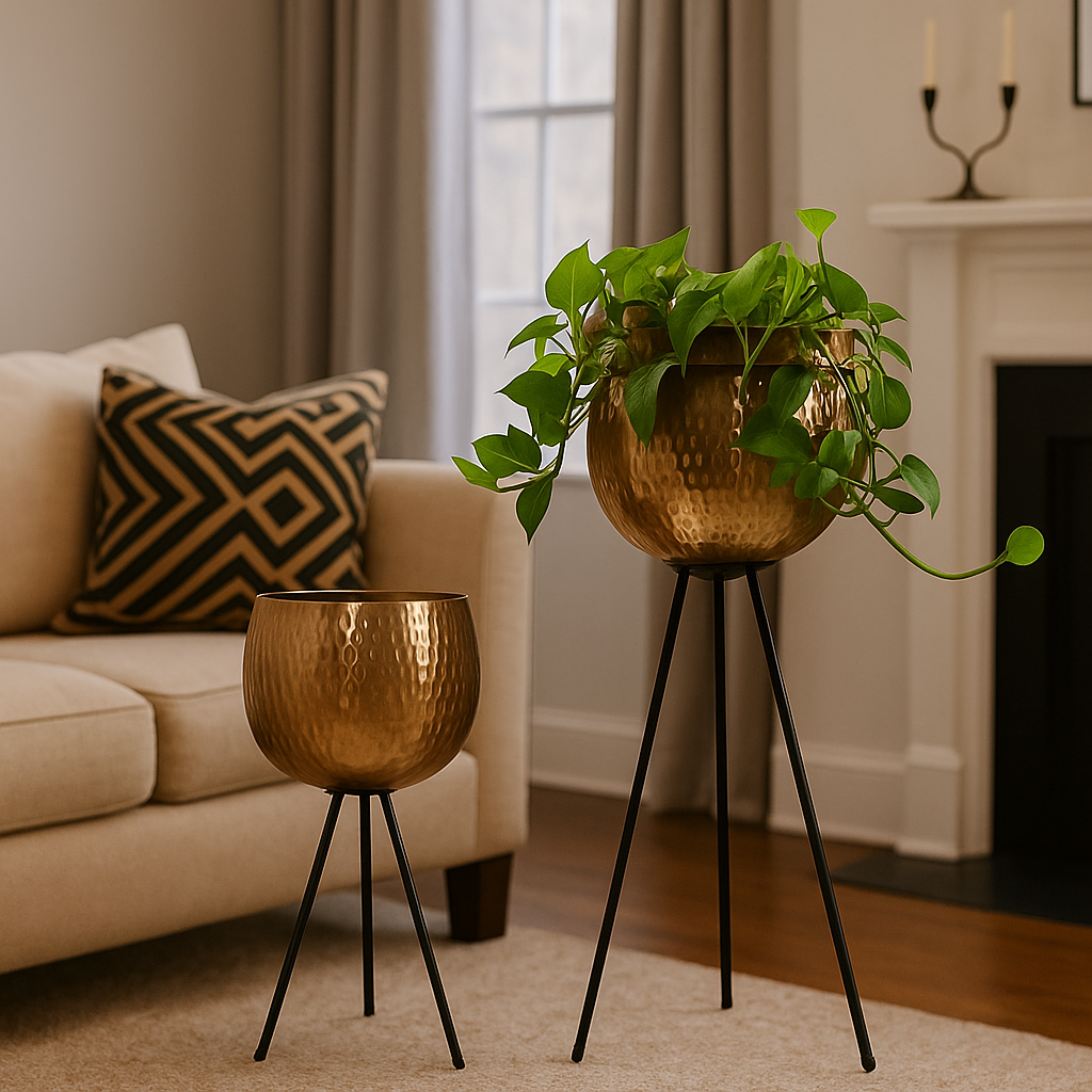 Ember luxury indoor planter with black metal tripod stand for modern living room, home and office decor